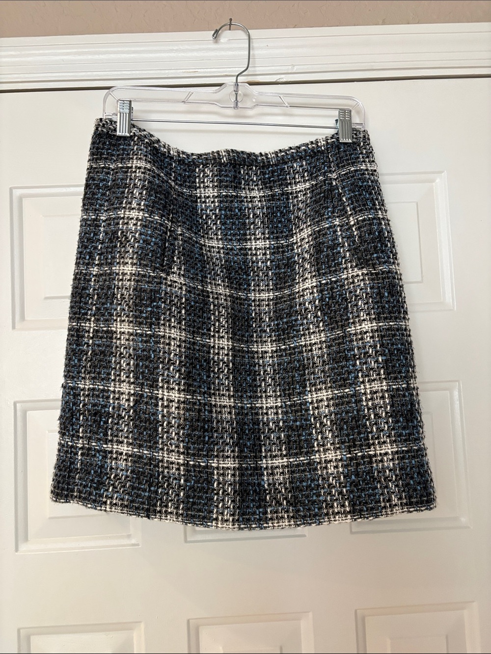 LOFT Black, White & Blue Plaid Tweed A-Line Skirt